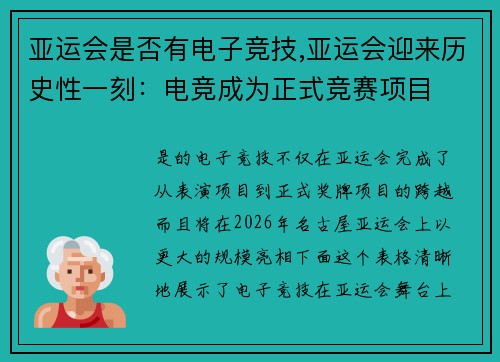 亚运会是否有电子竞技,亚运会迎来历史性一刻：电竞成为正式竞赛项目